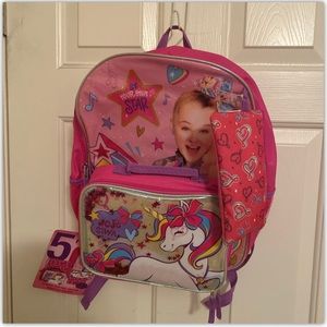 Jo Jo Siwa 5 Pc. Backpack Lunch Bag Cinch Sack Gadget Case Hair Band 16".